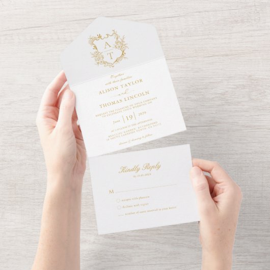 Formele Kuif Gouden Script Monogram Huwelijk All In One Uitnodiging (Afscheurbaar)