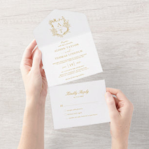 Formele Kuif Gouden Script Monogram Huwelijk All In One Uitnodiging