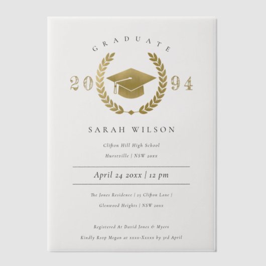 Formele Laurel Krans Goud Graduation Cap Party Vellum Uitnodigingen (Voorkant)
