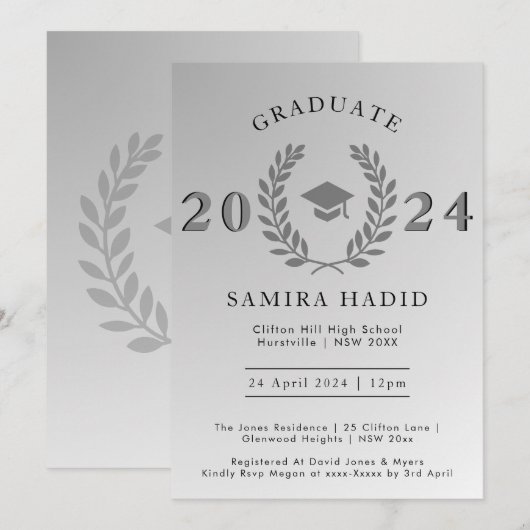 Formele Laurel Wreath Silver Graduation Cap Party Kaart (Voorkant / Achterkant)