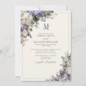 Formele Lavendel Hydrangea Bloemige Monogram Huwel Kaart (Voorkant)