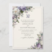 Formele Lavendel Hydrangea Bloemige Monogram Huwel Kaart (Voorkant)