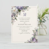 Formele Lavendel Hydrangea Bloemige Monogram Huwel Kaart (Staand voorkant)