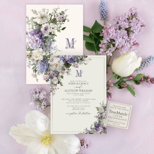 Formele Lavendel Hydrangea Bloemige Monogram Huwel Kaart