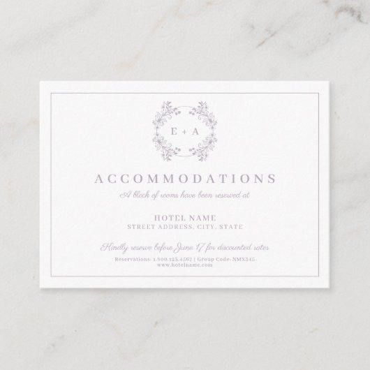 Formele  Lavendel Monogram Bruiloft Informatiekaartje (Voorkant)