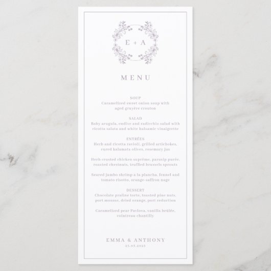 Formele Lavendel Monogram Bruiloft Menu (Voorkant)