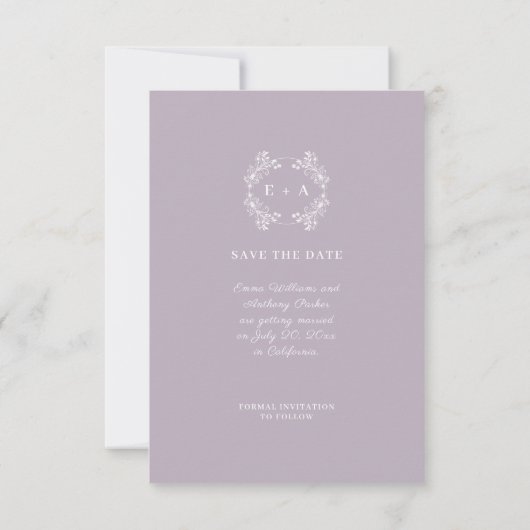 Formele Lavendel Monogram Bruiloft Save The Date (Achterkant)
