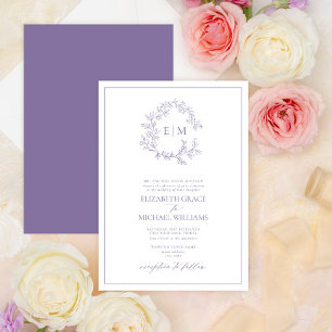 Formele lavender Leafy Crest Monogram Weddenschap Kaart