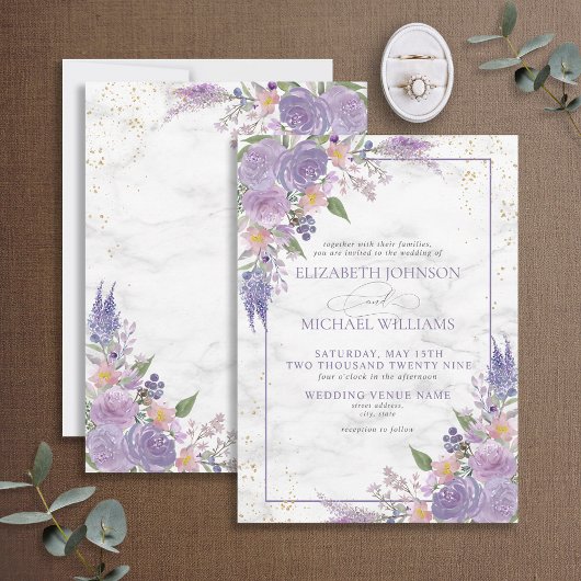 Formele lavender Lila marmer Gold Floral Wedding Kaart