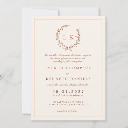 Formele Leaf Crest Terracotta & Cream Wedding Kaart (Voorkant)