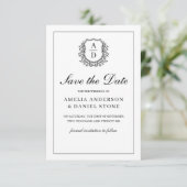 Formele Leafy Crest Monogram Zwart Wit Huwelijk Save The Date (Staand voorkant)