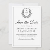 Formele Leafy Crest Monogram Zwart Wit Huwelijk Save The Date (Voorkant)