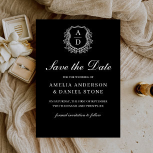 Formele Leafy Crest Monogram Zwart Wit Huwelijk Save The Date