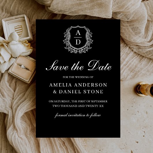 Formele Leafy Crest Monogram Zwart Wit Huwelijk Save The Date