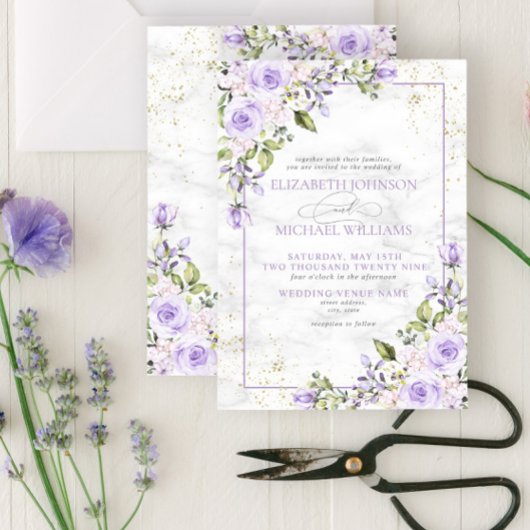 Formele Lila lavender Gold Marble Floral Wedding I Kaart