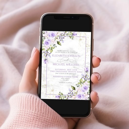 Formele Lila lavender Gold Marble Floral Wedding I Kaart