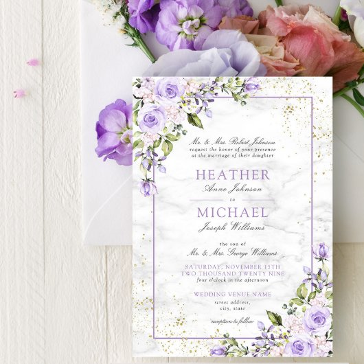 Formele Lila lavender Gold Marble Floral Wedding I Kaart