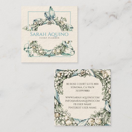 Formele Lush Blue Green Wreath Event Planner Vierkante Visitekaartje (Voorkant / Achterkant)