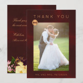 Formele luxe bordeaux gouden bloemen trouwfoto bedankkaart (Voorkant / Achterkant)