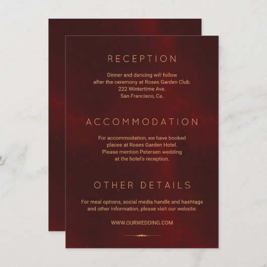 Formele luxe bordeaux gouden bruiloft gasten detai informatiekaartje (Voorkant / Achterkant)