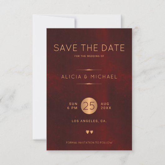Formele luxe bordeaux gouden trouwfoto save the date (Voorkant)