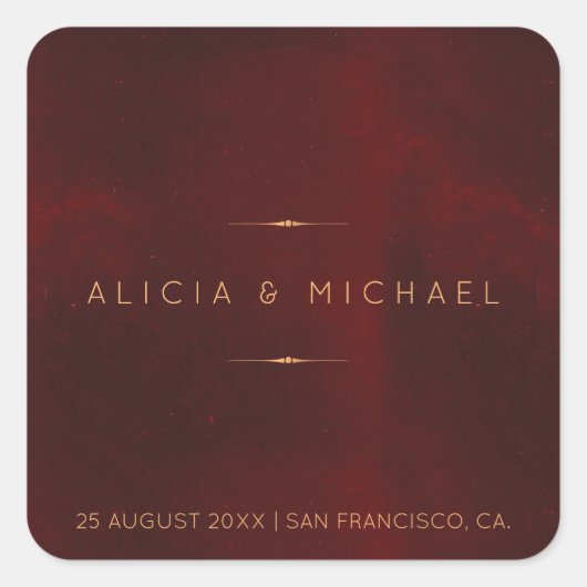 Formele luxe bordeauxrood fluwelen gouden huwelijk vierkante sticker (Voorkant)