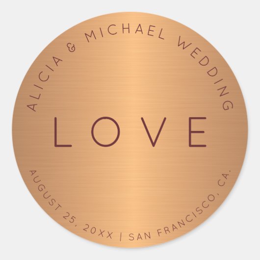 Formele luxe koper goud bordeaux bruiloft liefde ronde sticker (Voorkant)