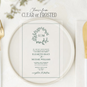 Formele maragdalgroene leafy Crest Monogram Wedden Acryl Uitnodigingen