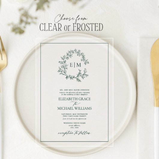 Formele maragdalgroene leafy Crest Monogram Wedden Acryl Uitnodigingen