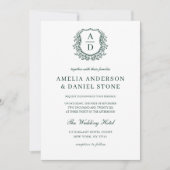 Formele maragdalgroene leafy Crest Monogram Wedden Kaart (Voorkant)
