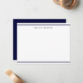 Formele Marine Blauw Twee Grens Monogram Stationer Notitiekaartje (Voorkant / Achterkant in situ)