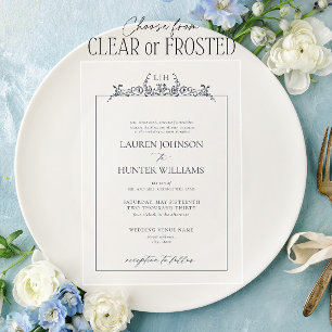 Formele Marine Blauwe Bloemen Grens Monogram Huwel Acryl Uitnodigingen