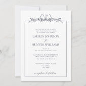 Formele Marine Blauwe Bloemen Grens Monogram Huwel Kaart (Voorkant)