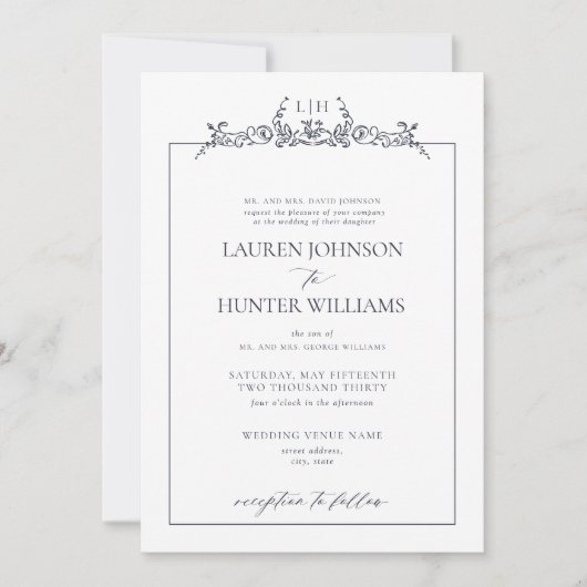 Formele Marine Blauwe Bloemen Grens Monogram Huwel Kaart (Voorkant)