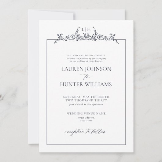 Formele Marine Blauwe Bloemen Grens Monogram Huwel Kaart (Voorkant)