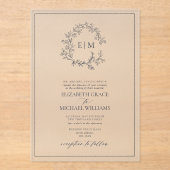 Formele marineblauw Leafy Crest Monogram Weddensch Acryl Uitnodigingen (Voorkant)