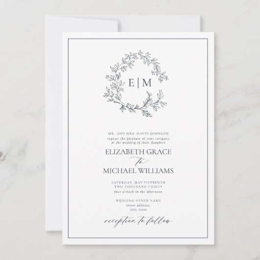 Formele marineblauw Leafy Crest Monogram Weddensch Kaart (Voorkant)