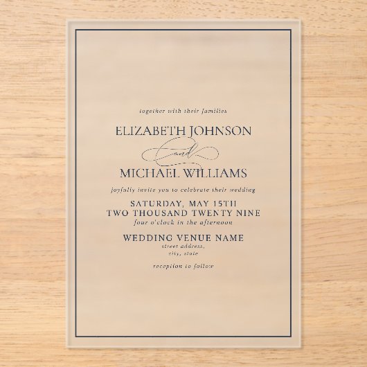 Formele marineblauwklassieke bruiloft acryl uitnodigingen (Voorkant)