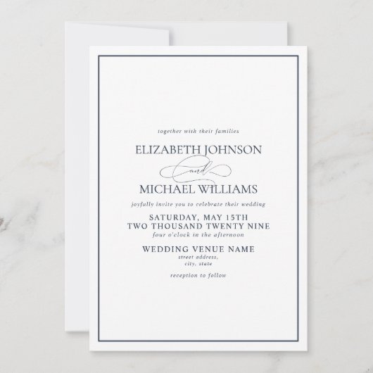 Formele marineblauwklassieke bruiloft kaart (Voorkant)