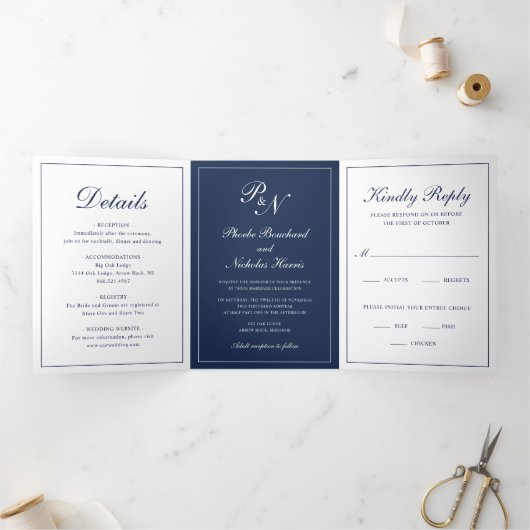 Formele marineblauwmonogram Foto Elegant Wedding Drieluik Uitnodiging (Binnen)