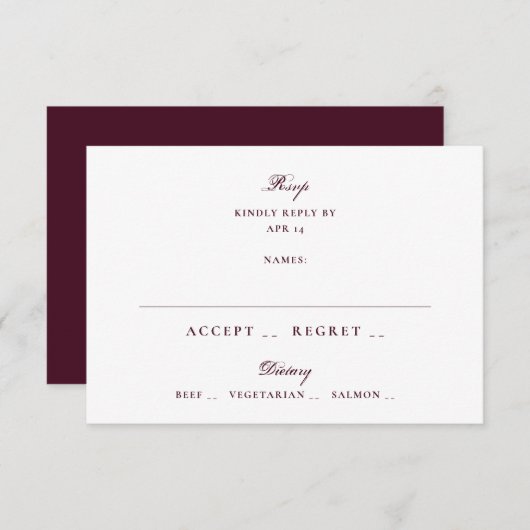 Formele maroon Plum Calligraphy Elegant Wedding RSVP Kaartje (Voorkant / Achterkant)