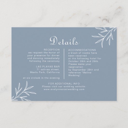 Formele minimale details van het blauwe huwelijk informatiekaartje (Voorkant)