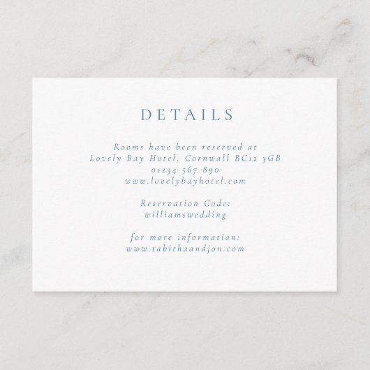 Formele minimalistische blauw en wit bruiloft deta informatiekaartje (Voorkant)