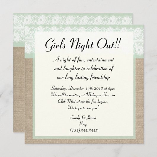 Formele Mint Burlap Lace Girls Night Out Uitnodigi Kaart (Voorkant / Achterkant)