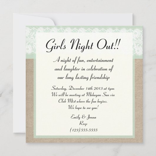 Formele Mint Burlap Lace Girls Night Out Uitnodigi Kaart (Voorkant)