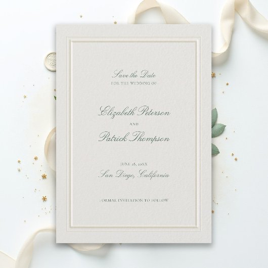 Formele moderne klassieke elegante groene ecru bru save the date
