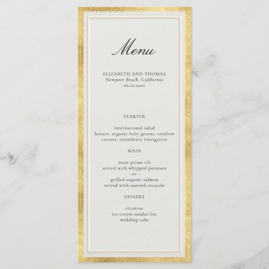 Formele moderne klassieke nep gouden ecru bruiloft menu (Voorkant)