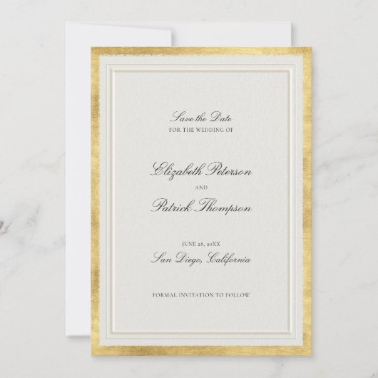 Formele moderne klassieke nep gouden ecru bruiloft save the date (Voorkant)