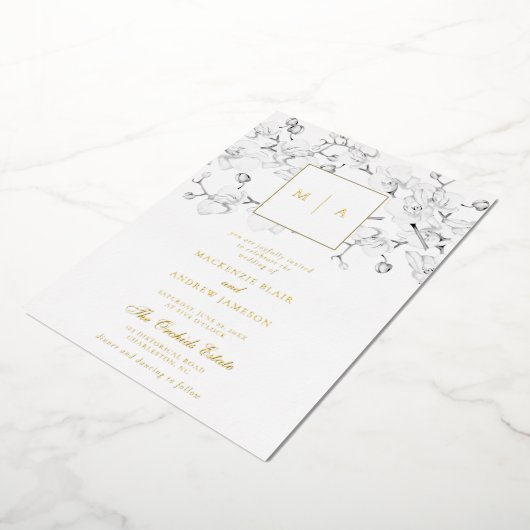 Formele moderne orchideeën met grote monogram wedd folie uitnodiging (Gedraaid)