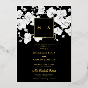 Formele moderne orchideeënkrans monogram zwarte br folie uitnodiging